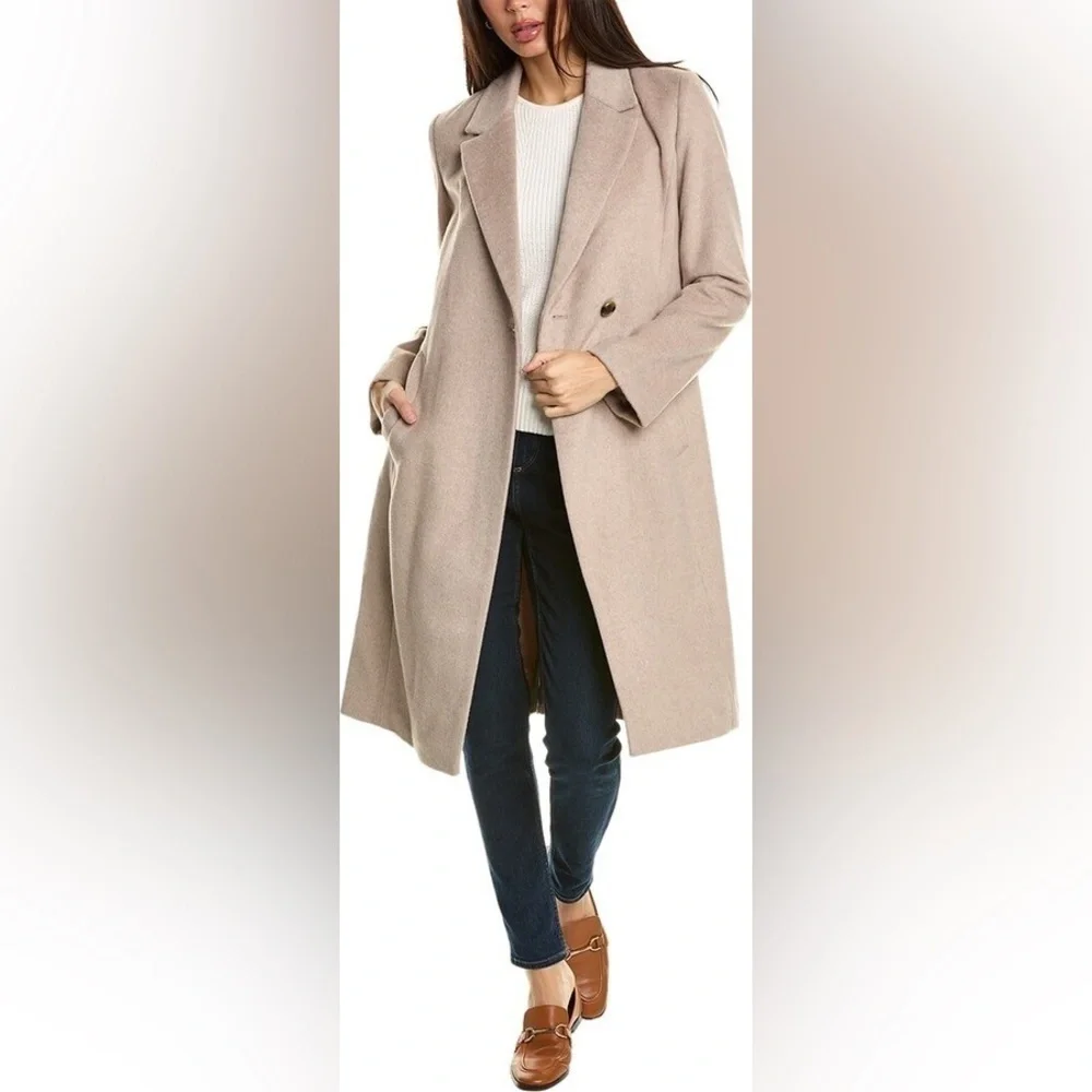 COLE HAAN Double Breasted Wool Blend Oatmeal Tan Coat 12 - Picture 2 of 9